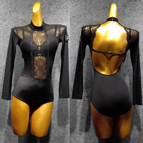 Sexy Latin Dance Dress Women Dancing Top Lace Bodysuit See Through Chest Long Sleeve Open Back Leotard Latin Dress Ballroom Top