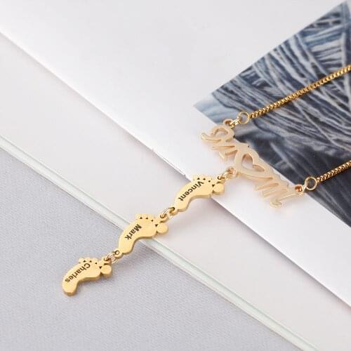 Custom Name Necklace Mom Love Baby Feet Heart Necklaces Colar Jewelry Necklaces Womens 18k Gold Collares de acero Custom Chain