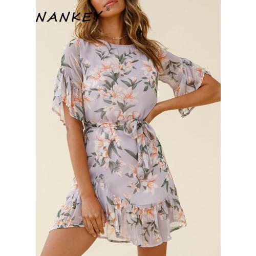 NANKEY 2021 Summer Purple Print Round-necked Chiffon Dress Short-sleeved Gentle Sweety Elegant Lace Up Party Short Dress