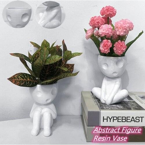 Resin Vase, Abstract Character Flowerpot Flower Container Decorative Artware for Sitting Room Office, White/Black/Green
