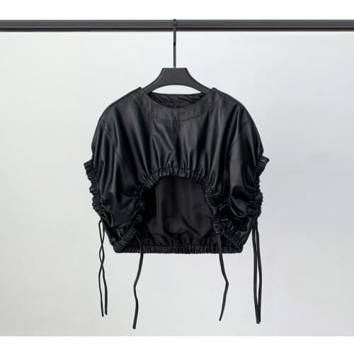 Spring 2021 New Leather Vest Female Sheep Skin Jacket with Pleated Waistcoat Thin Skin Fashion