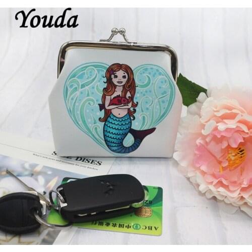 Youda Girls Cartoon Cute PU Leather Material Coin Purse Mermaid Printing Key Coin Bag Mini Card Package