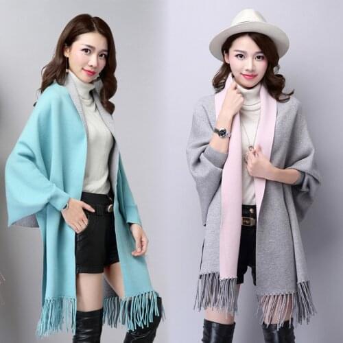 Women Cardigan Sweater Fashion Cashmere Shawl Lady Pretty Bat Sleeve Cape Coat Double-sided Tassel Thick Cloaks Wraps