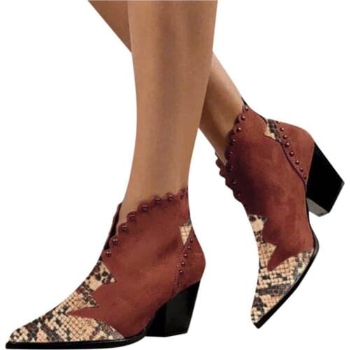 Female Autumn Winter Lace PU Leather Cowboy Ankle Boots Women Wedge High Heel Booties Snake Print Western Boot Square Heel