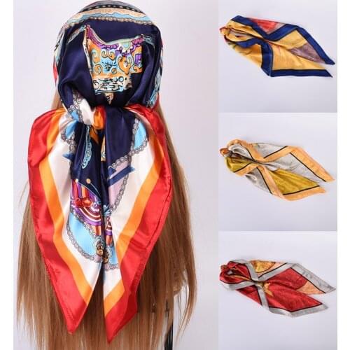 Women Foulard En Soie Cheveux Scarf Headband Scarves Silk Feeling Flowers Printed Beach Square Scarf Bandanas Foulard En Soie