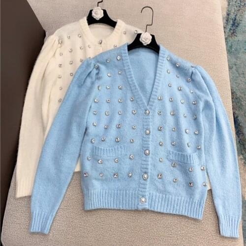 Rhinestone Cardigan Women 2021 Spring New V-Neckline Solid Color Sweet Wool Knit Cardigans Lady Casual Outwears