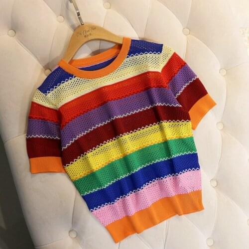 2020 Summer Women designer rainbow color block stripe Knitted Sweaters Short sleeve gilrs hollow out Casual Sweater Tops JC439