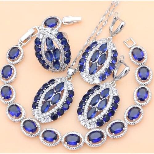 Graceful Luxury 925 Silver Bridal Jewelry Sets Blue Sapphire White Crystal Bracelet Necklace Set for Women Dropshipping