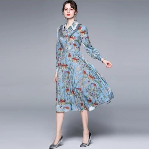 ZUOMAN Women Autumn Elegant Dress Shirt High Quality Vintage Blue Party Robe Femme Lantern Sleeve Designer Pleated Vestidos