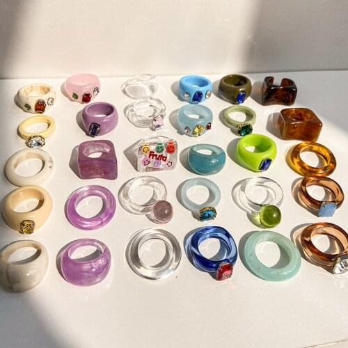 3PCS/1Set Korea Fashion Retro Aesthetic Colorful Transparent Resin Acrylic Ring Set For Women Girls INS New Finger Jewelry Rings