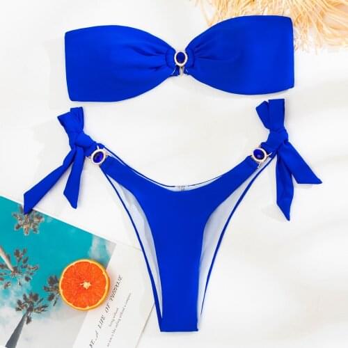 40# Strapless Bandage Sexy Bikini Women Brassiere Gathering Solid Color Blue Diamond Split System Padded Swimsuit Купальник
