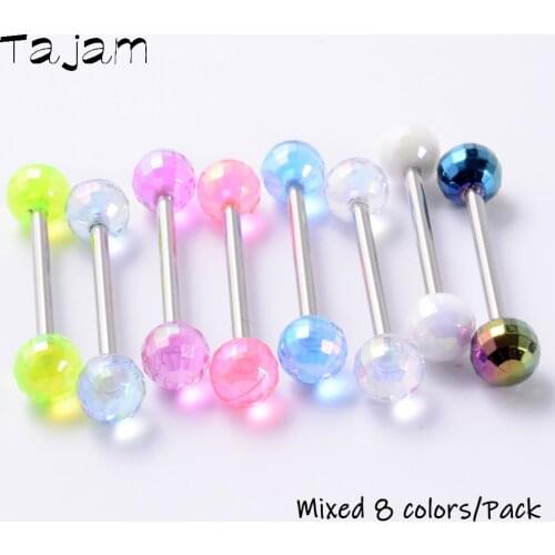 8pcs/lot Surgical Steel Tongue Piercing Acrylic Flesh Ball Insdustrial Barbell Earring Ring Multicolour Nipple Piercing 14G