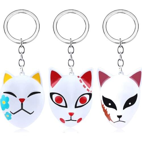 RJ Japanese Demon Slayer Kimetsu no Yaiba Fox Mask Keychain Kamado Tanjirou Sabito Makomo Floral Cosplay Anime Keyring Gift