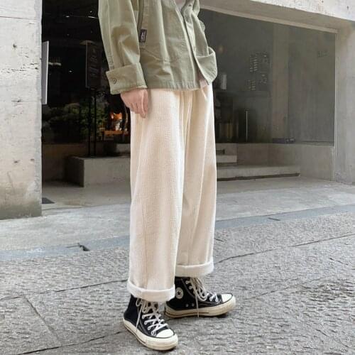 Straight Corduroy Pants Mens Fashion Cotton Beige Casual Pants Men Streetwear Wild Loose Hip-hop Wide Legs Trousers Mens S-2XL