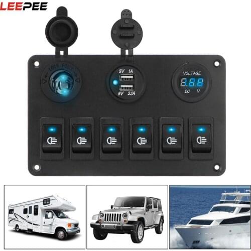 DC 12V/24V Dual USB Ports ON/OFF Lights 6 Gang Rocker Switch Panel Waterproof LED Digital Voltmeter Car Marine Circuit Breaker