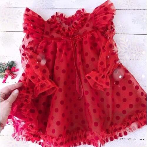 Girl Red Ceremony Dress Kids Autumn Long Sleeve Tulle Frocks Children Party Casual Wear Princess Costume Polka Dots Baby Clothes