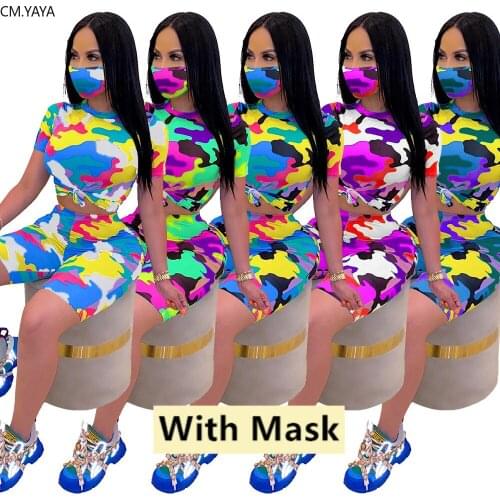 CM.YAYA summer womens set camouflage print o-neck t-shirts knee length shorts jogger suit three piece set sporting tracksuit