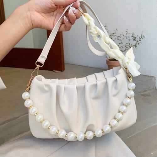Small Leather Square Shoulder Bags for Women Fashion Pleated Messenger Bag Ladys Pearl Tote Crossbody Bag Wild Designer Handbags