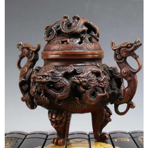 Antique Old MingDynasty copper pot,Dragon censer sculpture,hand carving crafts,best collection&adornment,free shipping