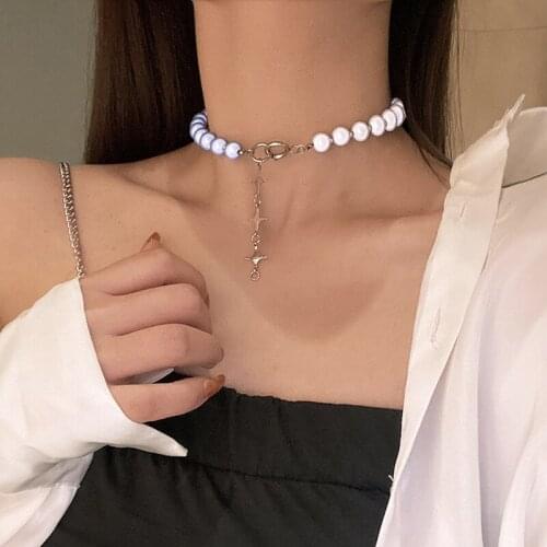 Minar Cool Neon Blue White Simulated Pearl Chokers Necklaces for Women Bling Rhinestone Cross Pendant Necklace Punk Jewelry