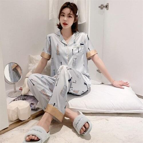 Fashion Women Pajamas Ice silk trousers lace Pajamas High Quality Short Sleeve Pajamas New Home Wear Sets silk Cardigan Pajamas