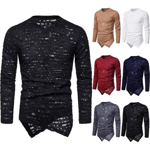 2021 New Summer High Quality Mens Solid Color V-neck Slim Shape Hole Punk Style Long Sleeve Mens T-shirt