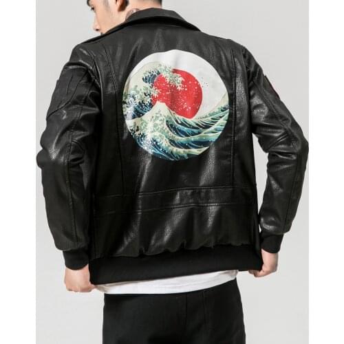 Mens Japanese Black Jacket Bomber Great Wave Off Lapel Zip Loose Motorcycle Embroidery Crane