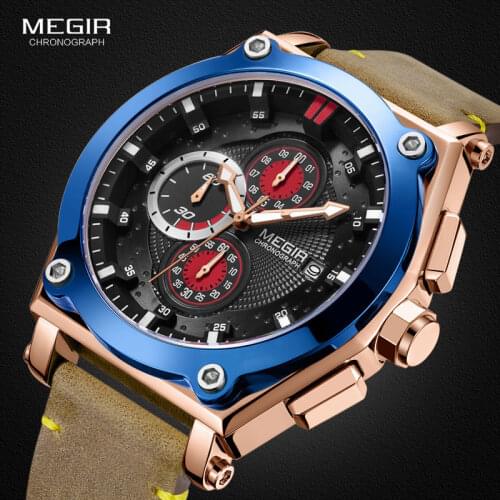 Megir Mens Army Chronograph Quartz Watches Leather 3 atm Waterproof Sports Wristwatch for Man Relogios Masculino 2098 Rose Blue