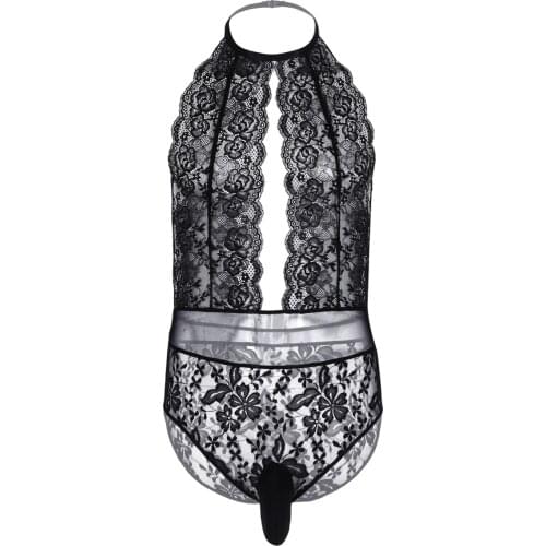 Men One-Piece Floral Lace Crossdress Bodysuit Lingerie Teddies Halter Sleeveless Backless Cut Out Sissy Pouch Bodysuit Nightwear