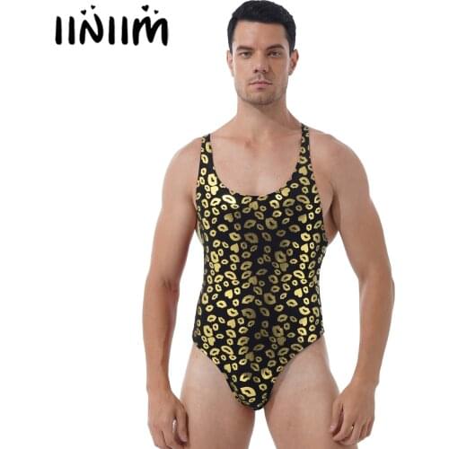 Mens Lngerie Bodysuit Lip/ Skull Print Bodysuit Fashion Round Neck Sleeveless High Cut Leatord One-piece Swimsuit Nightwear