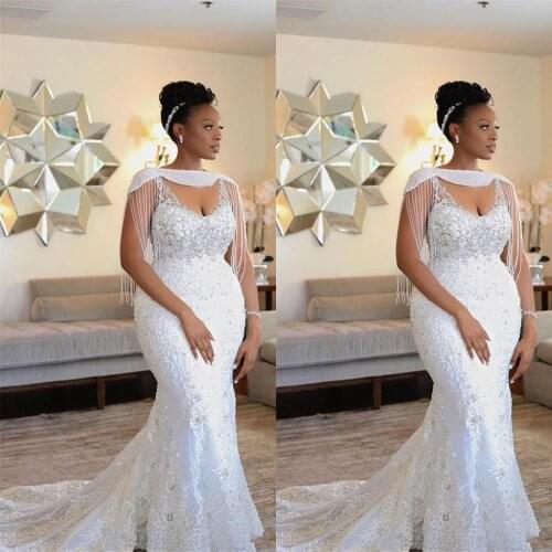 New African Wedding Dresses Bridals Gowns Mermaid Wedding Dresses Vintage V Neck Spaghetti Straps Lace Crystal Beads Wrap