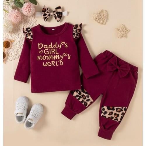 3Pcs Autumn Baby Girls Clothes Sets Letter Print Long Sleeve Pullover Tops Leoaprd Pant+ Headband Tracksuit Casual Outfit Set