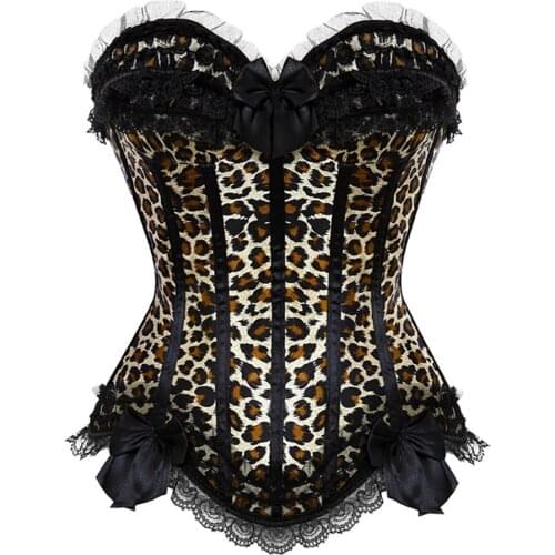 Sexy Womens Satin Boned Lace up Overlay Corset Bustiers Victorian Leopard Print Corselet Lingerie Top Plus Size S-6XL