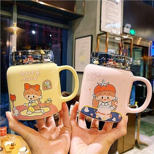 Cute Ceramic Mugs Water Bottle With Mirror Lid Korean Sweet Girl Style Tea Coffee Milk Breakfast Fresh Carton Cup