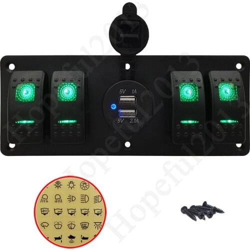 Waterproof 4 Gang Green Aluminum Rocker Switch Panel with Dual USB Charger Port Socket for 12v 24v Marine Boat Yatch Truck