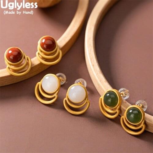 Uglyless Irregular Sector Designer Women Dress Jewelry Natural Gemstones Jade Agate Studs Earrings 925 Silver Brincos Fine Jewel