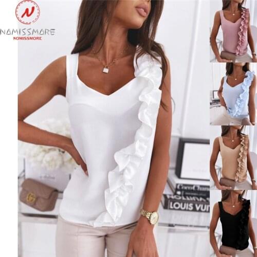 Sexy Women Summer Solid Color Camis Patchwork Design Ruffles Decor Sling Sleevelss V-Neck Slim Pullovers Top for Steetwear