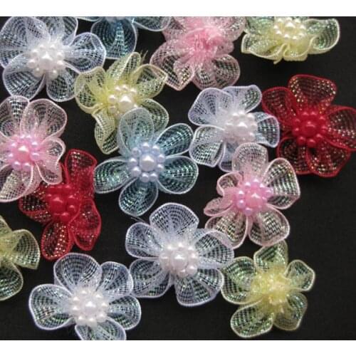 10 pcs U pick Organza Ribbon Flowers Bows w/Beads Appliques Wedding Craft A0022