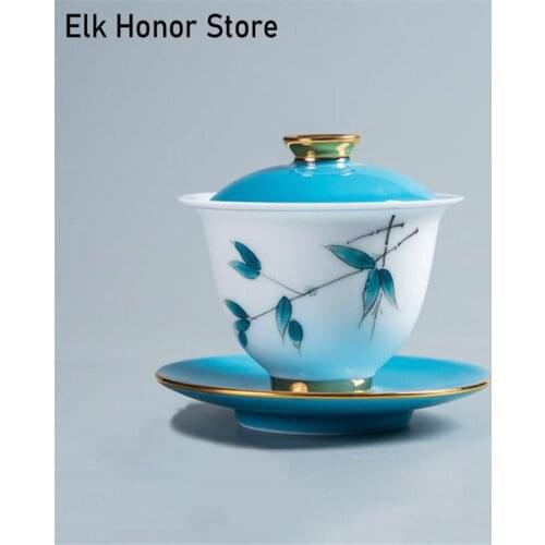 180ML Hand Painted Bamboo Ceramic Cover Bowl Suet Jade Sancai Tea Bowl Sweet White Porcelain Gaiwan High Grade Gift Tea Set