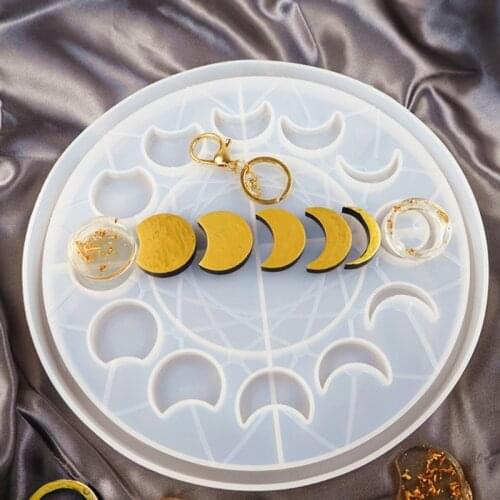 Large Moon Phase Round Tray Resin Mold Crescent Half Full Moon Keychain Pendant Silicone Molds Resin Ornament Home Decor