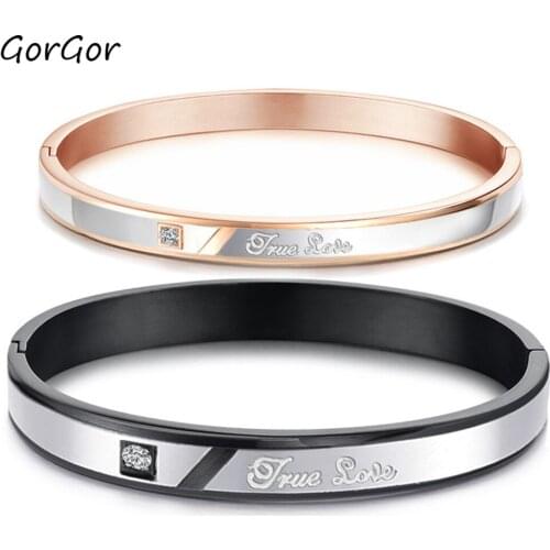 GorGor New Arrivals Titanium Steel Rhinestone Lettering Couple Bracelet Light Yellow Gold and Black Color for Lover 867