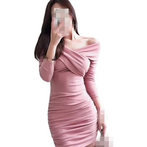 C1522 Spring 2020 new style women fashion v-neck off-the-shoulder long-sleeve slim-fitting butt-covering dress cheap wholesale