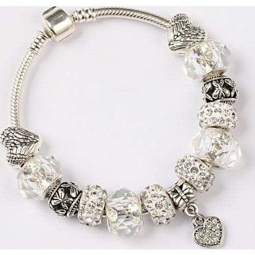 Leabyl Classic Simle Series White Crystal Diy Charm Women Bracelet Bangle Silver Color Heart Flower Bead Bracelet