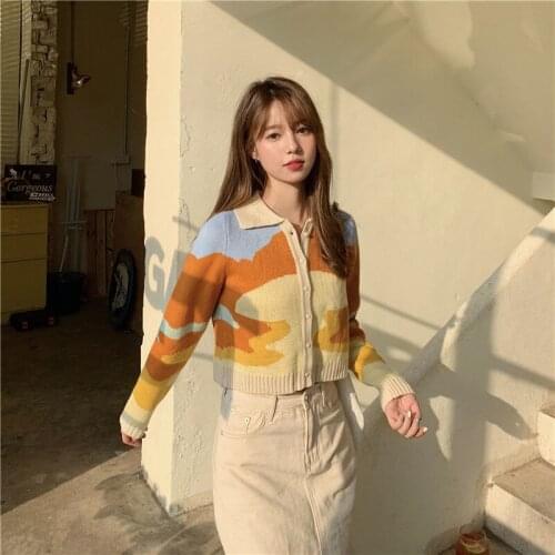 Sunset oil painting retro Joker contrast sweater cardigan jacket womens sweater polo short jacket