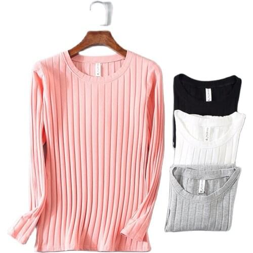 KT01 Spring Ribbed Striped Elastic T Shirt Women Top Casual Long Sleeve Shirt Cotton T-Shirts Tops Knitted Blusas Plus Size