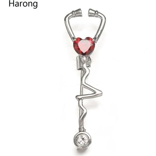 Medical Stethoscope ECG Heart-shaped Inlaid Zircon Brooch Pins Quality Alloy Lapel Pins Badges For Doctors And Nurses Jewelry