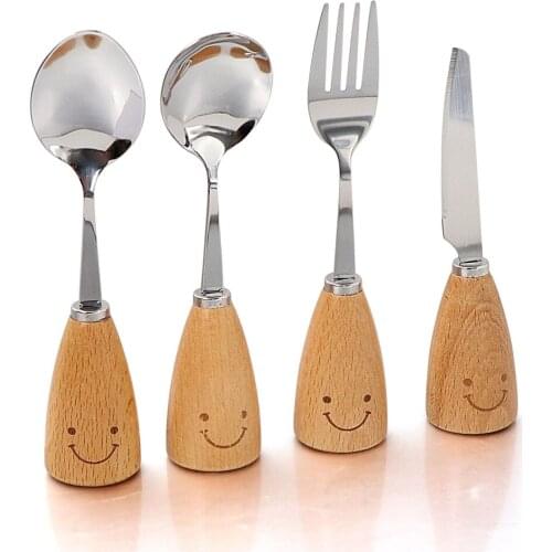 4-Piece Cute Smiling Face Tableware Set Beech Wood Handle Stainless Steel Knife Fork Spoons Kits Cutlery Gifts Set For Children