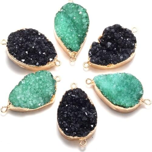 Natural Druzy Agates Pendant Connectors Water Drop Shape Gold Plated Double Hole Connectors for DIY Jewelry Making
