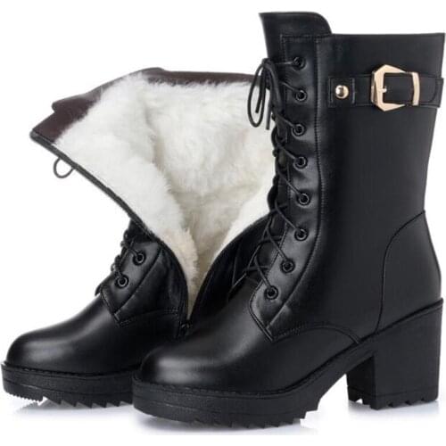 2019 New Winter Genuine Leather Boots Warm Plush and Wool Shoes Woman Snow Boots Non-slip High-heels Martin Boots In-tube Boots