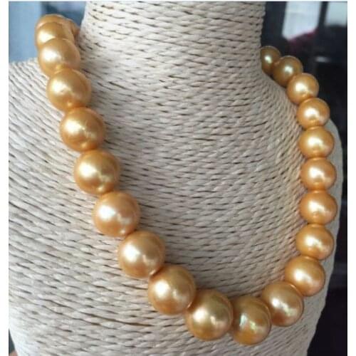 Huge natural 12-14mm round south sea gold pearl necklace 19inch14jk